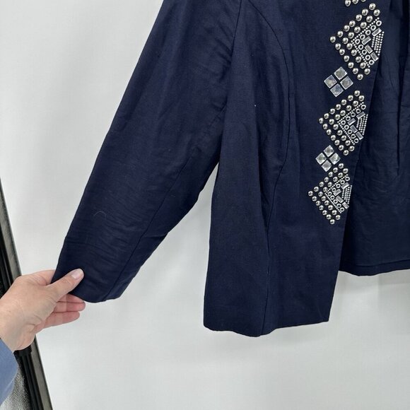 CHICOS jacket blazer linen cotton embellished studded rhinestones blue M L 2 - Picture 4 of 8